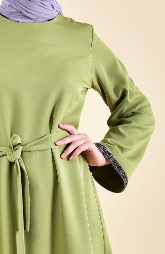 Stone Detailed Belted Dress 0887-03 Pistachio Green 0887-03