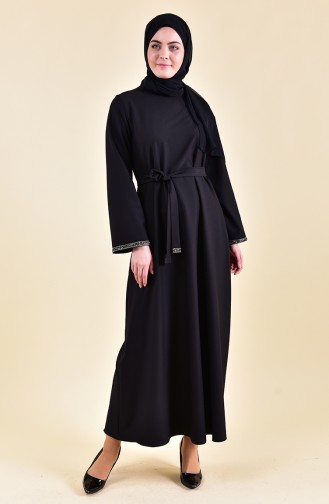 Taş Detaylı Kuşaklı Elbise 0887A-04 Siyah