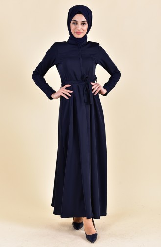 Hidden Zippered Flared Abaya Navy Blue 5922-03