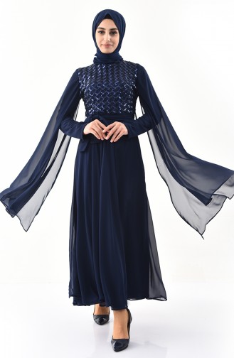 Navy Blue Hijab Evening Dress 81668-08