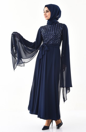 Navy Blue Hijab Evening Dress 81668-08