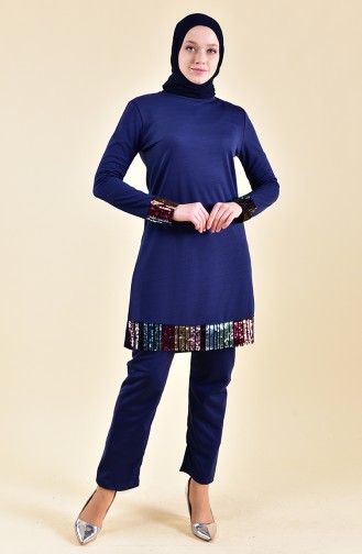 Sequined Tunic Pants Binary Suit 9008-01 Navy Blue 9008-01