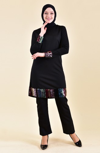 Sequined Tunic Pants Binary Suit 9008-02 Black 9008-02