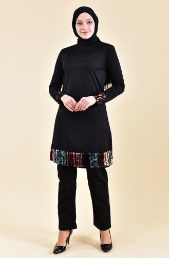 Sequined Tunic Pants Binary Suit 9008-02 Black 9008-02