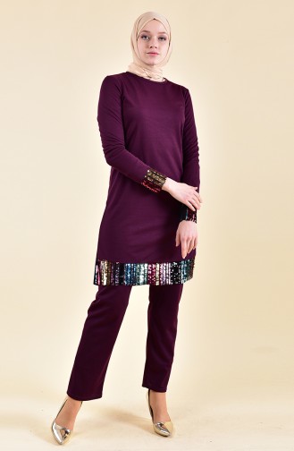 Ensemble Deux Pieces Tunique Pantalon a Paillettes 9008-03 Plum 9008-03