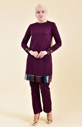 Ensemble Deux Pieces Tunique Pantalon a Paillettes 9008-03 Plum 9008-03