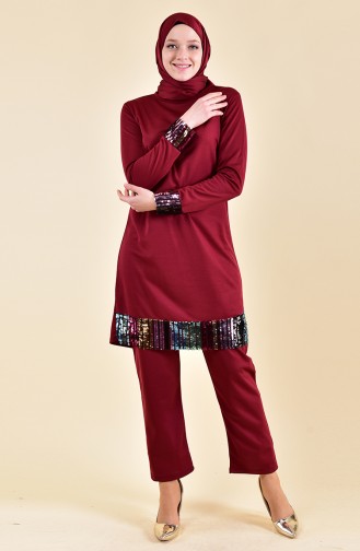 Sequined Tunic Pants Binary Suit  9008-04 Claret Red 9008-04
