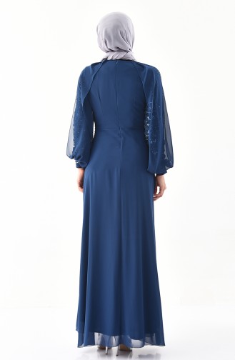 فستان سهرة بتصميم موصول بقطعة شيفون 52736-01 لون بترولي 52736-01