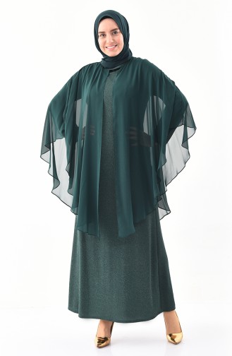 Büyük Beden Simli Abiye Elbise 1054-02 Zümrüt Yeşili