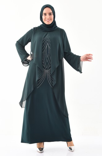 فستان سهرة بتصميم مُطبع باحجار لامعة وبمقاسات كبيرة 1296-01 لون اخضر زمردي 1296-01