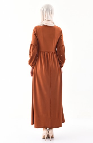 فستان بتصميم اكمام مزينة باللؤلؤ 0307-05 لون عسلي 0307-05
