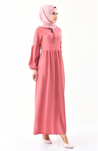 فستان بتصميم اكمام مزينة باللؤلؤ 0307-06 لون وردي باهت 0307-06