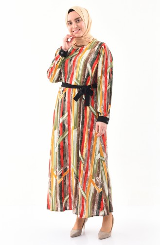 فستان فيسكوز بتصميم مُطبع وبمقاسات كبيرة 4477-04 لون اخضر كاكي واصفر داكن 4477-04