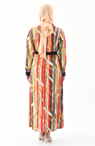 فستان فيسكوز بتصميم مُطبع وبمقاسات كبيرة 4477-04 لون اخضر كاكي واصفر داكن 4477-04