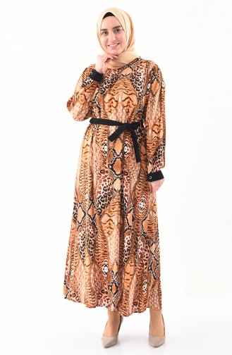 فستان فيسكوز بتصميم مُطبع وبمقاسات كبيرة 4477A-04 لون اصفر داكن 4477A-04