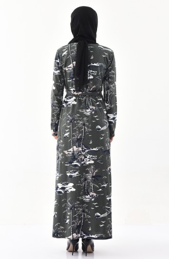 Desenli Kuşaklı Elbise 6001-01 Haki
