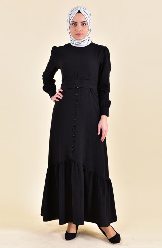 Button Detailed Pleated Dress 0124-01 Black 0124-01