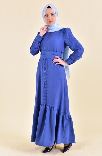 فستان بتصميم طيات وازرار 0124-03 لون نيلي 0124-03