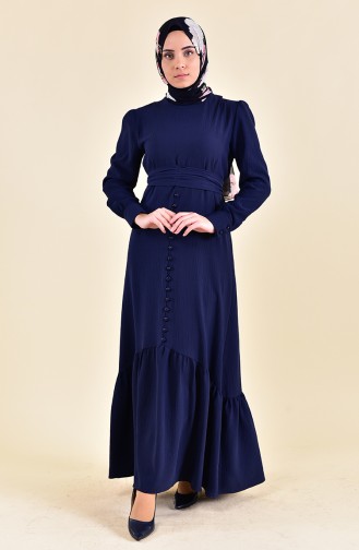 Button Detailed Pleated Dress 0124-05 Navy 0124-05