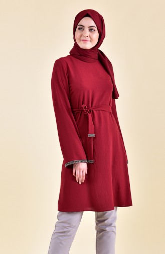 Stone Detail Belted Tunic 1923-01 Claret Red 1923-01