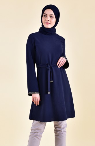 Stone Detail Belted Tunic 1923-02 Navy Blue 1923-02