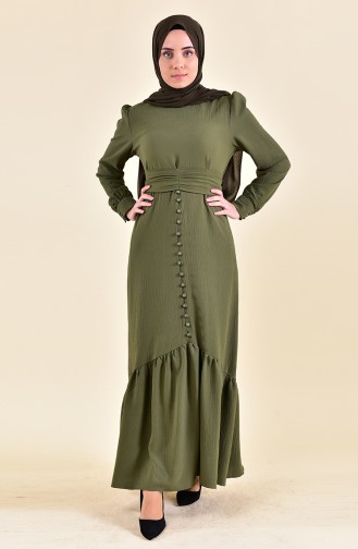 فستان بتصميم طيات وازرار 0124-04 لون اخضر كاكي 0124-04