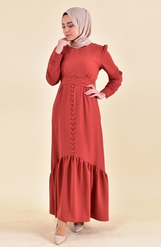 فستان بتصميم طيات وازرار 0124-06 لون قرميدي 0124-06