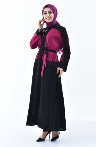 Abaya Détail Dentelle 7711-05 Noir Fushia 7711-05