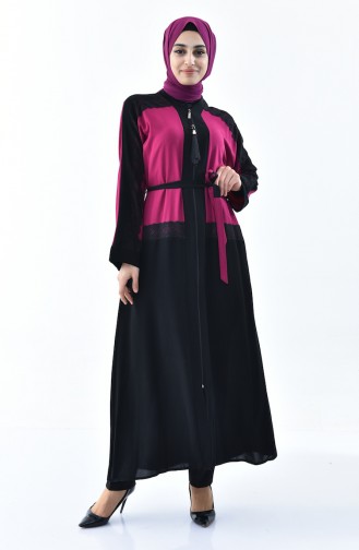 Abaya Détail Dentelle 7711-05 Noir Fushia 7711-05