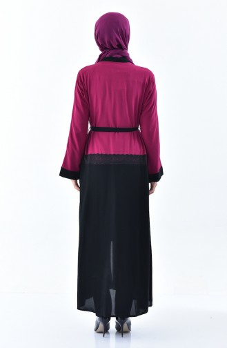 Abaya Détail Dentelle 7711-05 Noir Fushia 7711-05