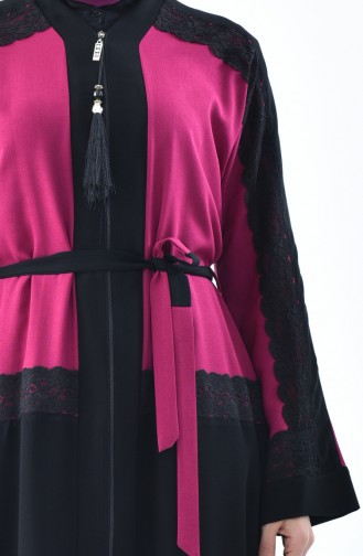 Abaya Détail Dentelle 7711-05 Noir Fushia 7711-05