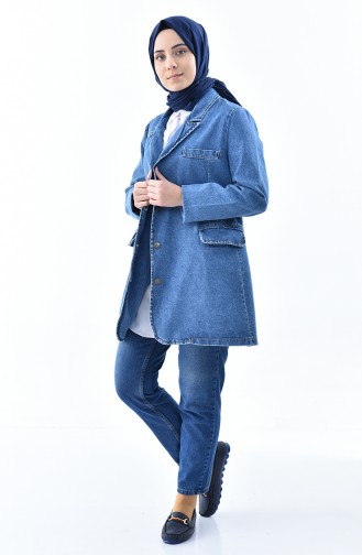 جاكيت جينز بتصميم ياقة مثنية 4421-01 لون أزرق جينز 4421-01