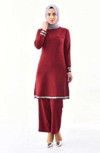 Sequined Tunic Pants Binary Suit 4116-02 Claret Red 4116-02