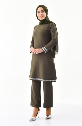 Sequined Tunic Pants Binary Suit 4116-05 Khaki 4116-05