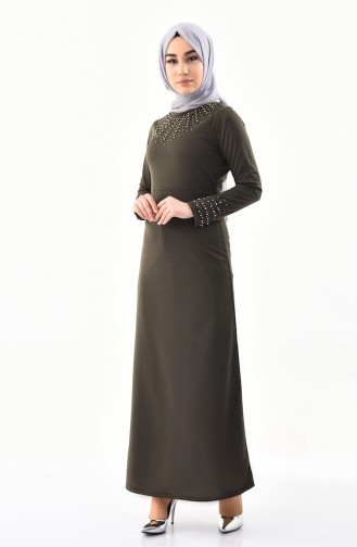 فستان بتفاصيل من اللؤلؤ4005-01 لون اخضر كاكي 4005-01