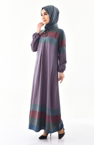 فستان مُخطط بتصميم طية أمامية  1010-05 لون بترولي 1010-05
