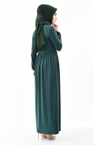 Kolu Nakışlı Elbise 4112-04 Zümrüt Yeşili