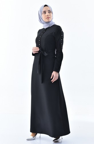 Taşlı Kuşaklı Elbise 0226-02 Siyah