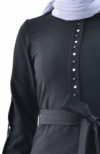 Taşlı Kuşaklı Elbise 0226-02 Siyah