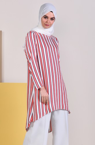 Dilber Natural Fabric Striped Tunic 1150-04 White Red 1150-04