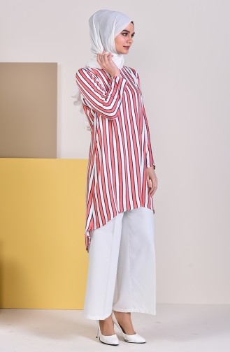 Dilber Natural Fabric Striped Tunic 1150-04 White Red 1150-04