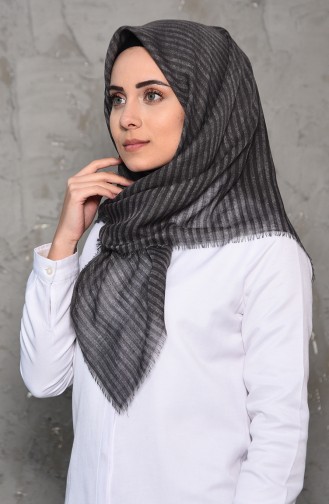 Çizgi Desenli Flamlı Cotton Eşarp 2199-07 Füme 2199-07