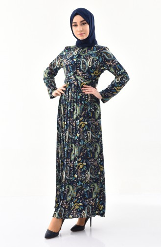 فستان مُطبع بتصميم طيات  1011-01 لون كحلي واصفر 1011-01