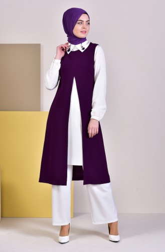Embroidered Tunic Vest Binary Suit  7238-06 Light Beige Purple 7238-06
