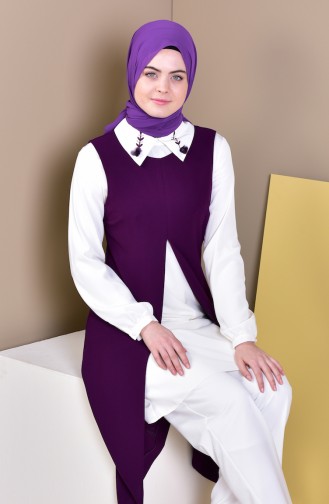 طقم تونيك و سترة بدون أكمام بتفاصيل مُطرزة 7238-06 لون بيج فاتح و بنفسجي 7238-06