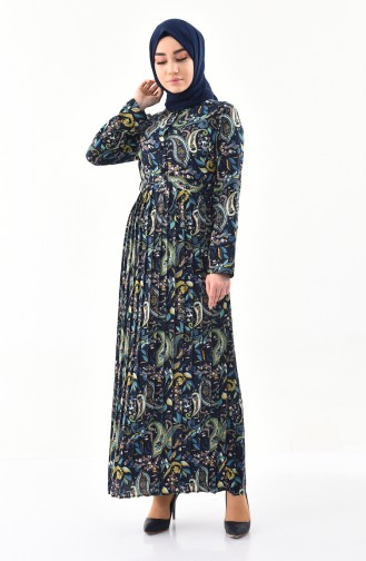 فستان مُطبع بتصميم طيات  1011-01 لون كحلي واصفر 1011-01