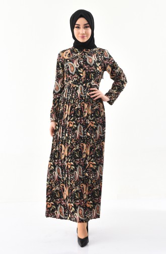 Patterned Pleated Dress 1011-02 Black Khaki 1011-02