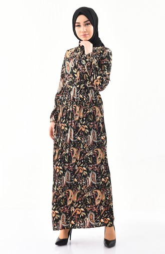 Patterned Pleated Dress 1011-02 Black Khaki 1011-02
