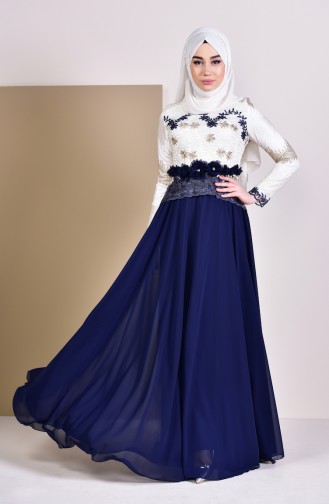 Flower Appliques Evening Dress 8524-02 Navy 8524-02