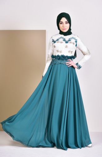 Flower Appliques Evening Dress 8524-04 Emerald Green 8524-04